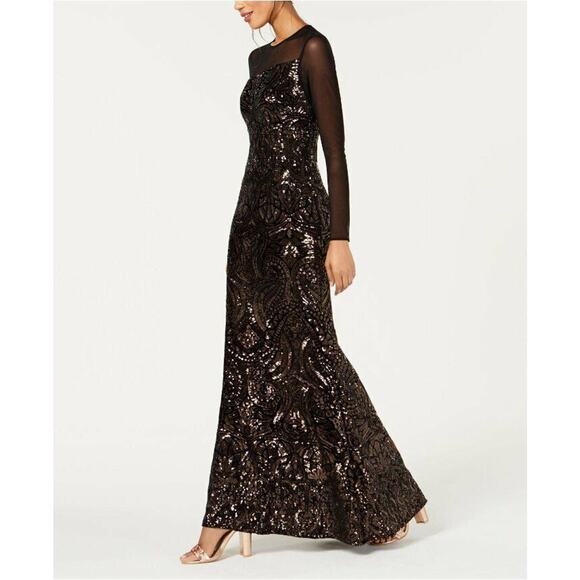 Betsy & Adam Dresses & Skirts - Betsy & Adam Black Velvet Bronze Sequin Long Sleeve Fitted Gown 4 NEW